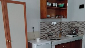 Una cocina compacta con refrigerador, pileta y un mueble de madera superior.