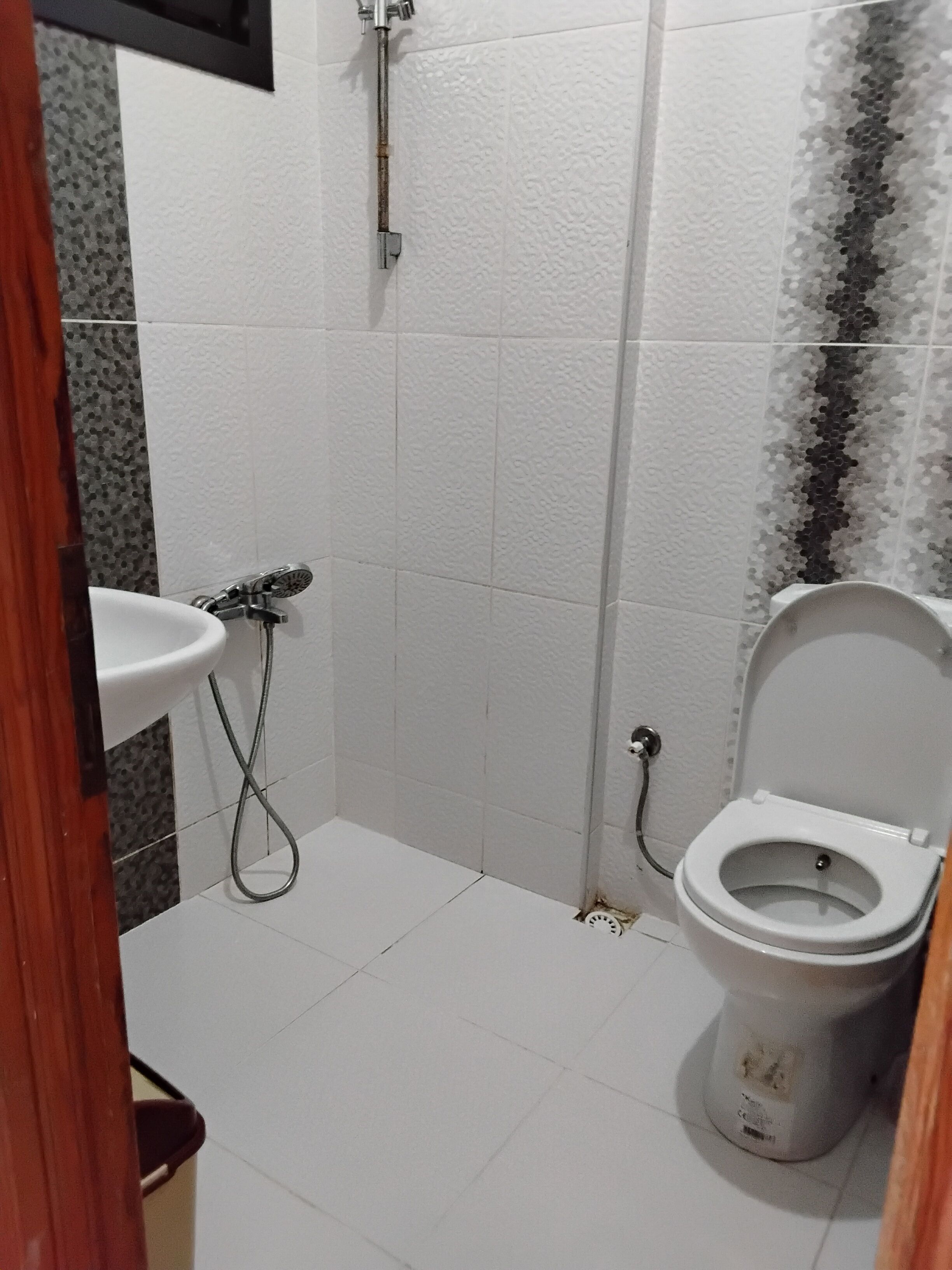 A bathroom with a toilet, sink, and shower.