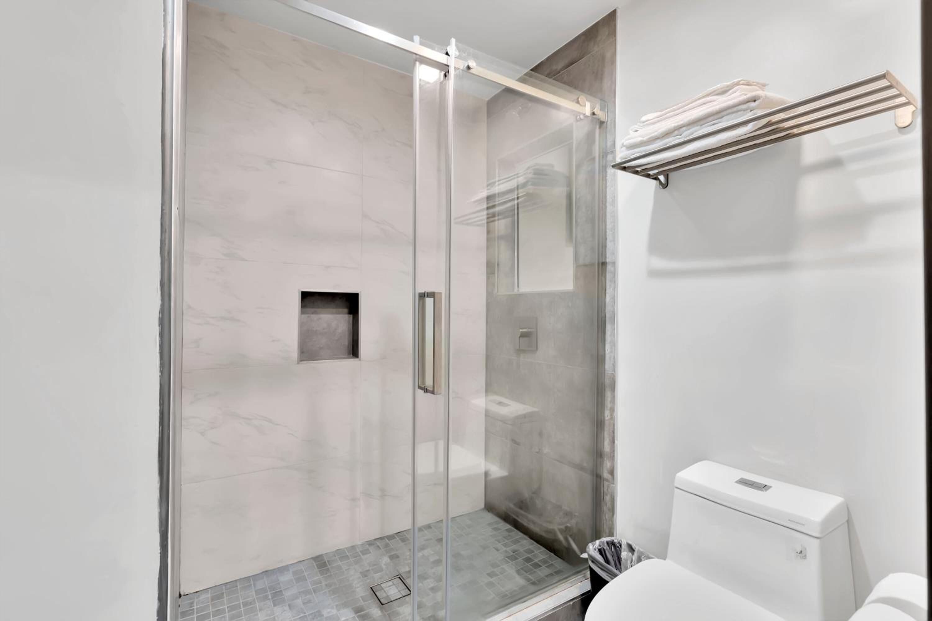 A modern bathroom with a glass shower enclosure, a toilet, and a towel rack.
