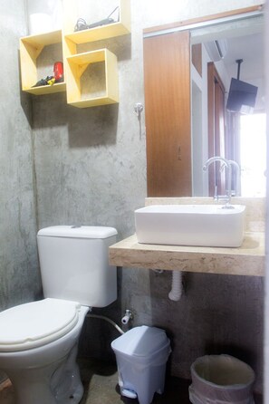 Un baño con inodoro, lavamanos y espejo. Hay repisas de madera sobre el lavamanos.