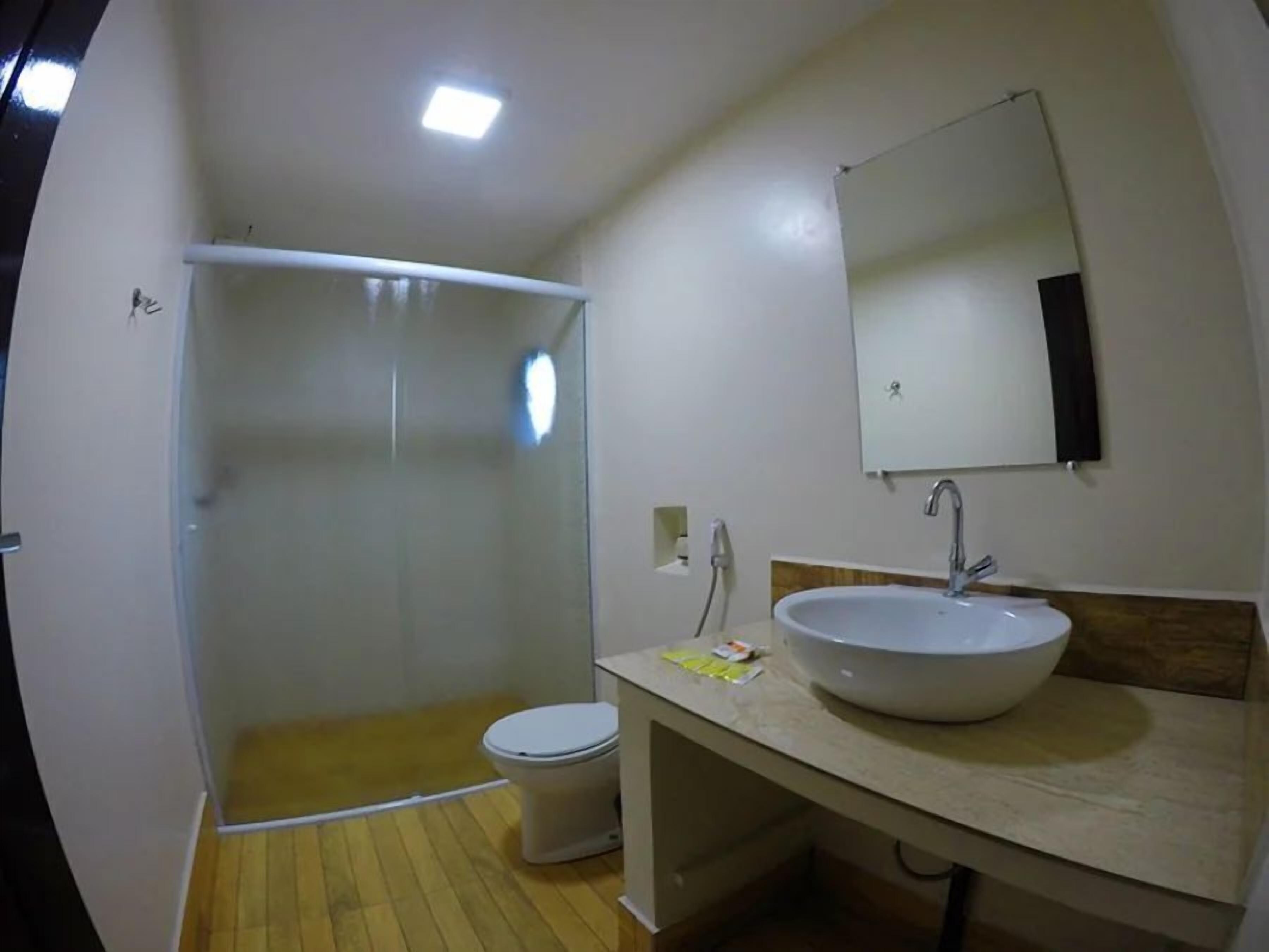Un bagno con doccia vetrata, un water, un lavandino e uno specchio.