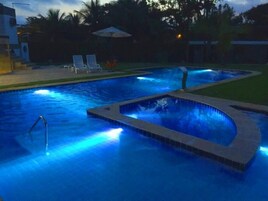 Outdoor pool, pool umbrellas, sun loungers