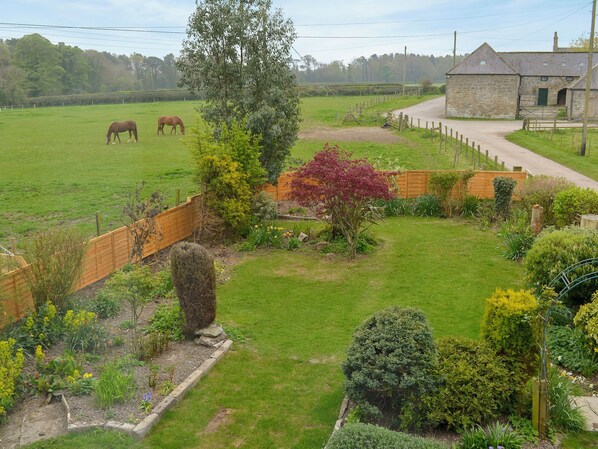 A rural landscape with a fenced field, a stone building, and a variety of vegetation.