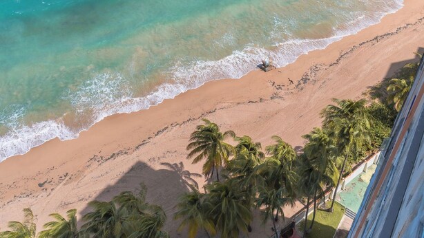 Una playa con aguas turquesas cristalinas, una orilla arenosa y palmeras.