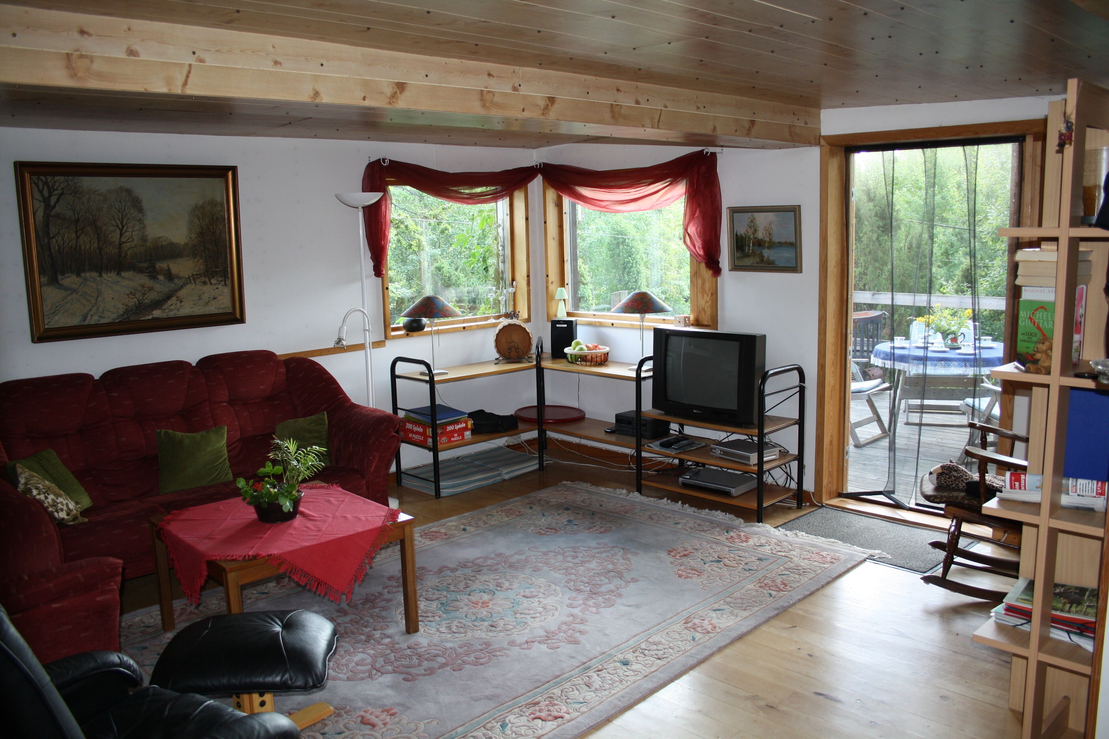 TV, lareira, brinquedos, livros