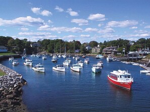 Boats docked along the waterfront, surrounded by residential buildings in a peaceful community setting.