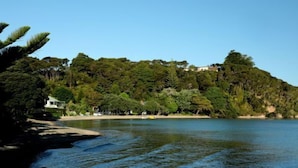 Un paysage côtier avec une plage, des arbres et un bâtiment situé sur une colline.
