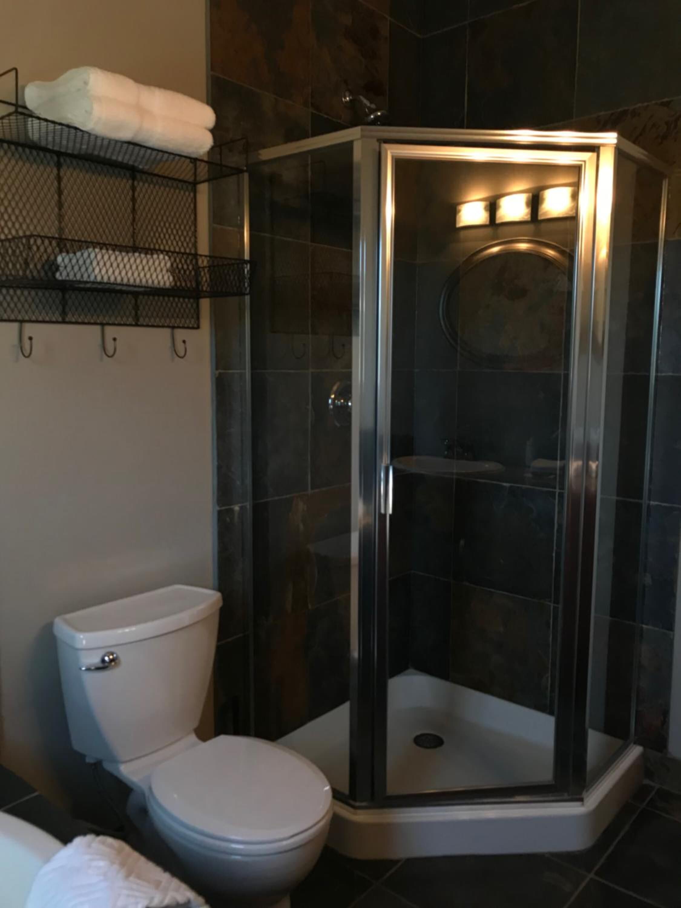 Un baño con cabina de ducha de vidrio, inodoro y toallero con toallas.