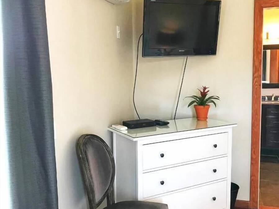 Una habitación con un tocador blanco, un televisor montado en la pared, una planta en maceta y una silla.