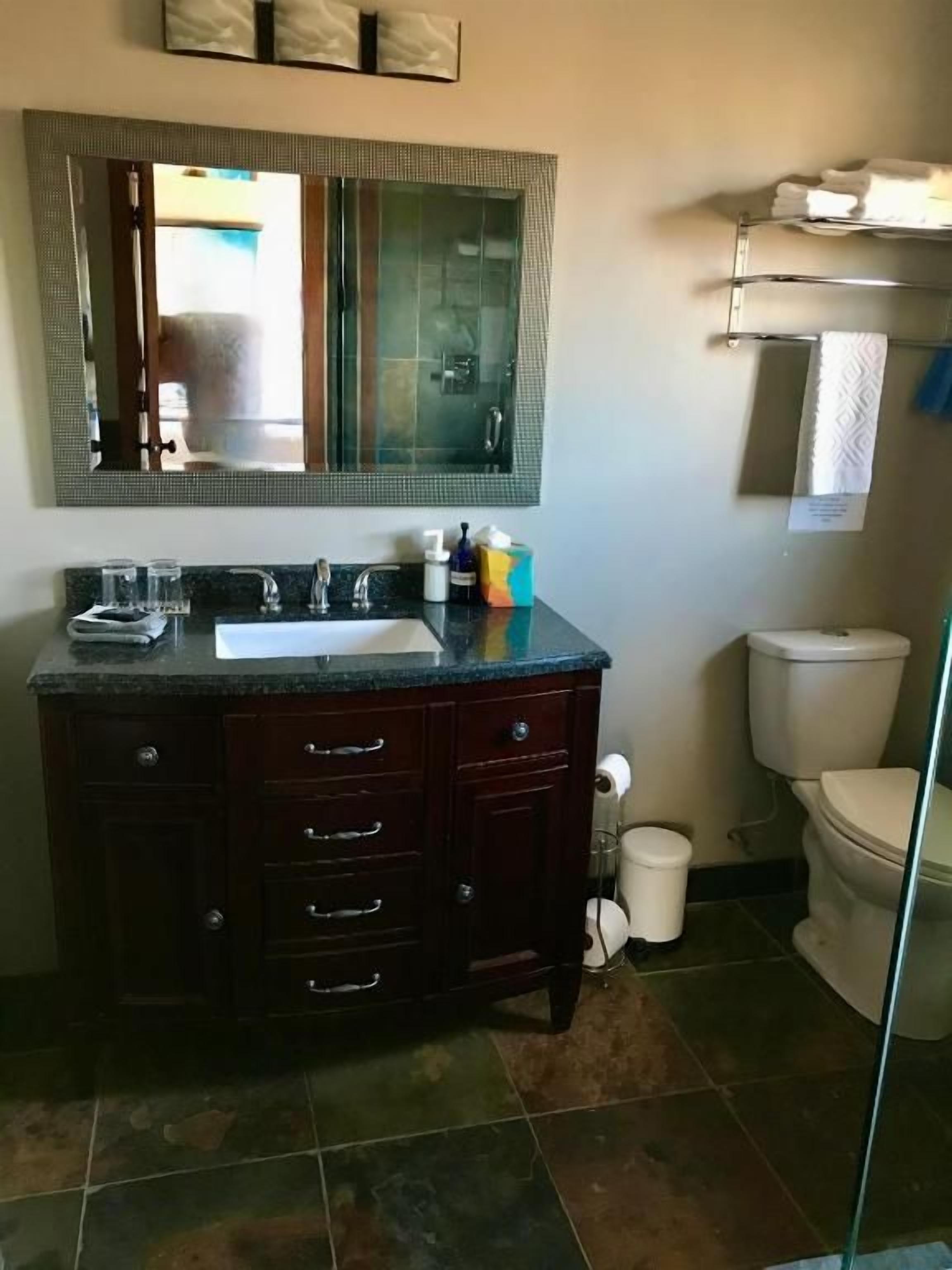 Un baño con tocador de madera oscura, cabina de ducha de vidrio y inodoro blanco.