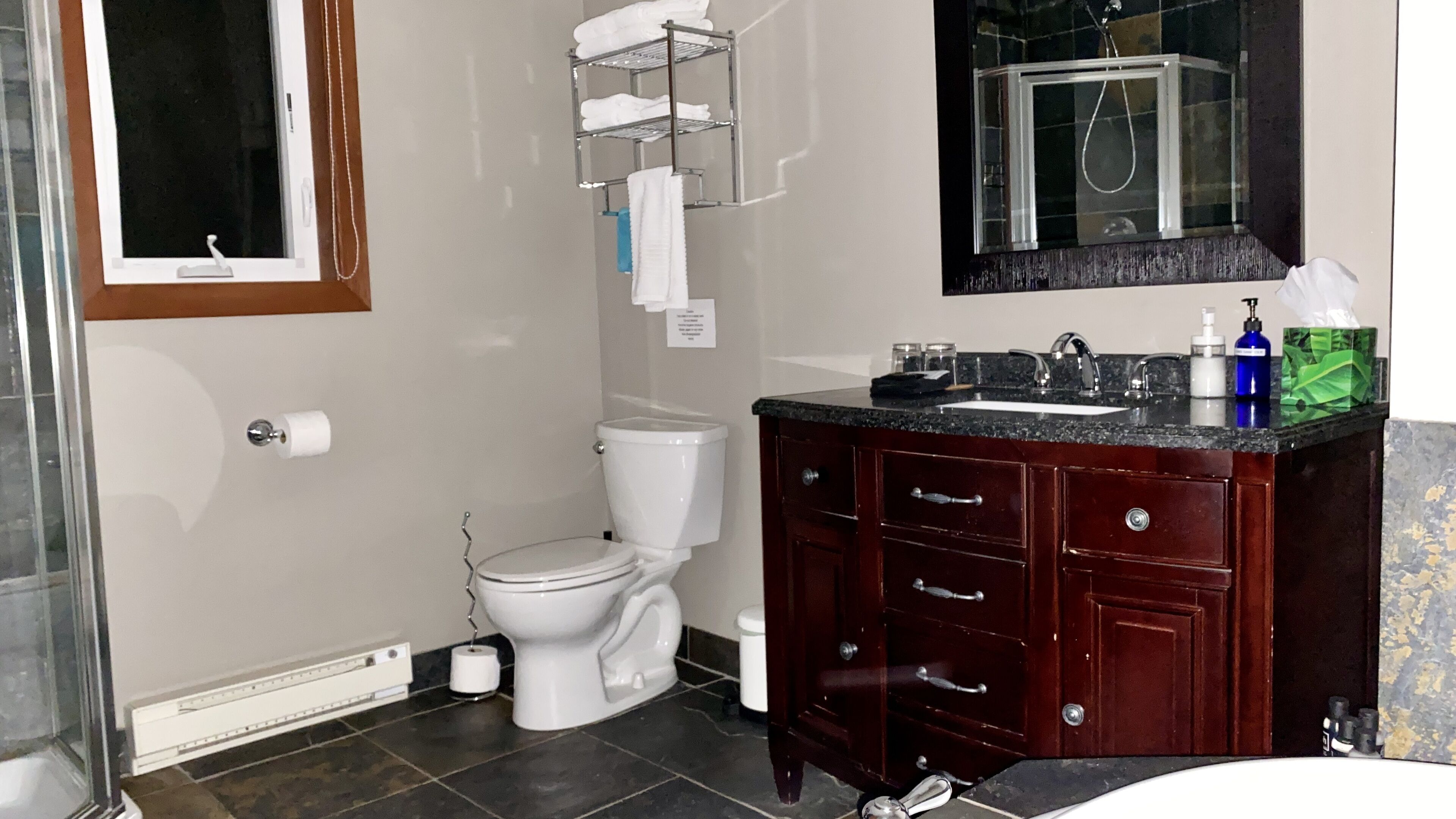Un bagno con il water, un lavandino, una cassettiera e uno spazio doccia.