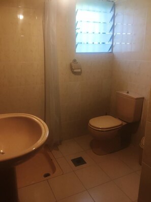 Een kleine badkamer met toilet, wastafel en raam.