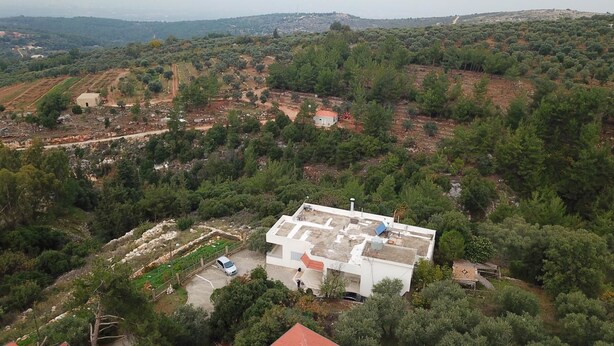 A modern two-story building with a flat roof, surrounded by dense greenery and olive groves. - Ahla Vert View (Sebaal)