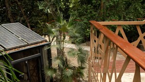A person descending a wooden staircase with a metal railing, surrounded by greenery and a building with a glass facade. - Bufo Alvarius (Tulum)