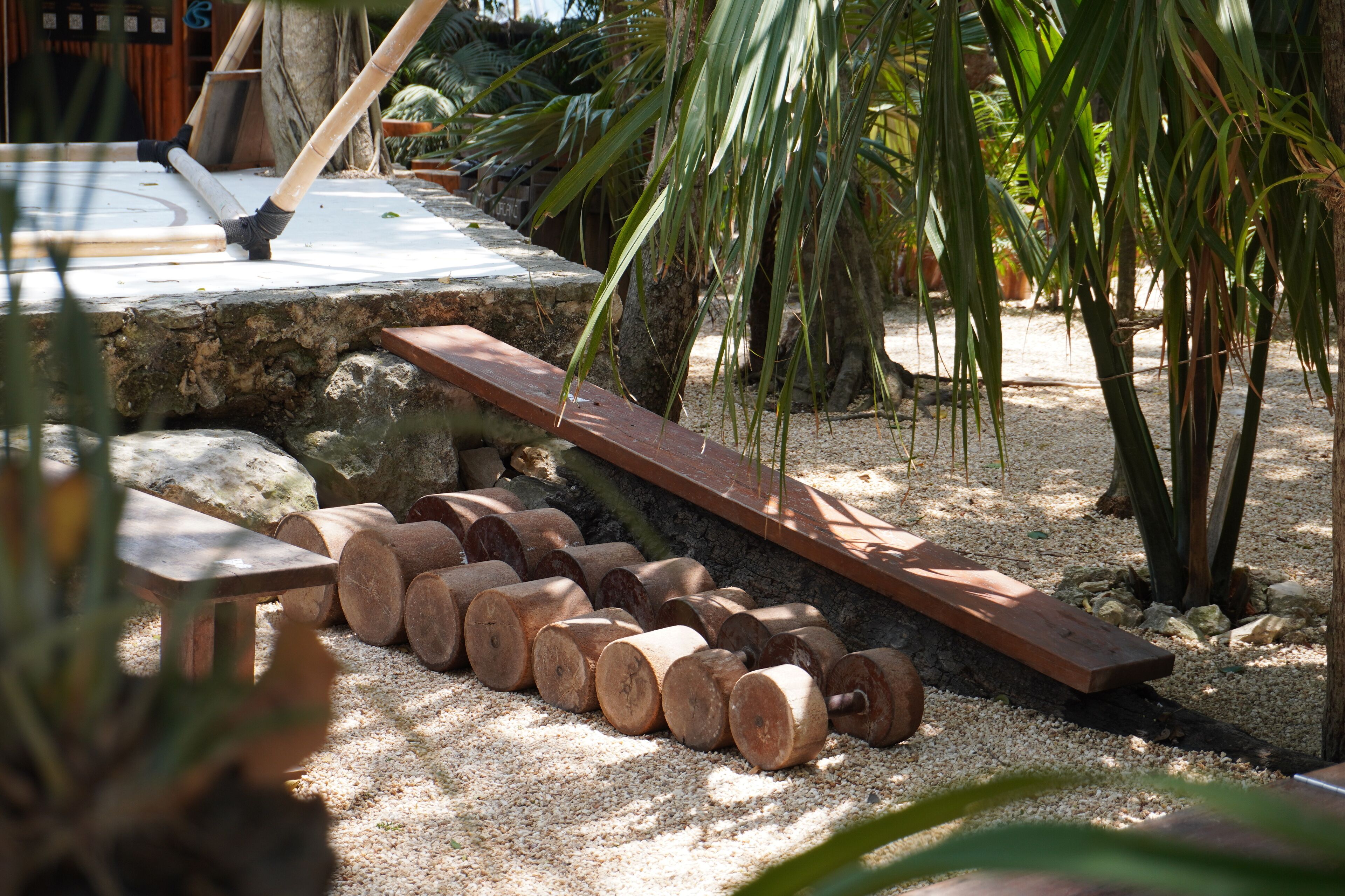 Een houten terras met een pad van stenen, omringd door palmbomen en een grindpad.