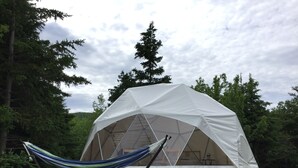 Une tente en forme de dôme avec un hamac installé sur une plateforme en bois, le tout entouré d’arbres.