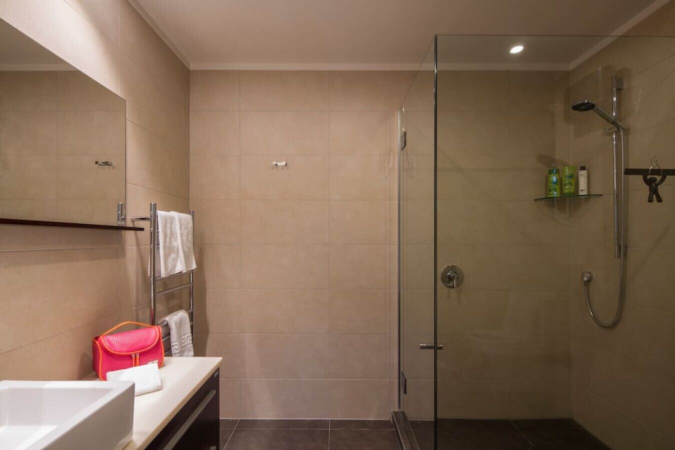 A modern bathroom with a glass-enclosed shower, a vanity with a mirror, and a towel rack.