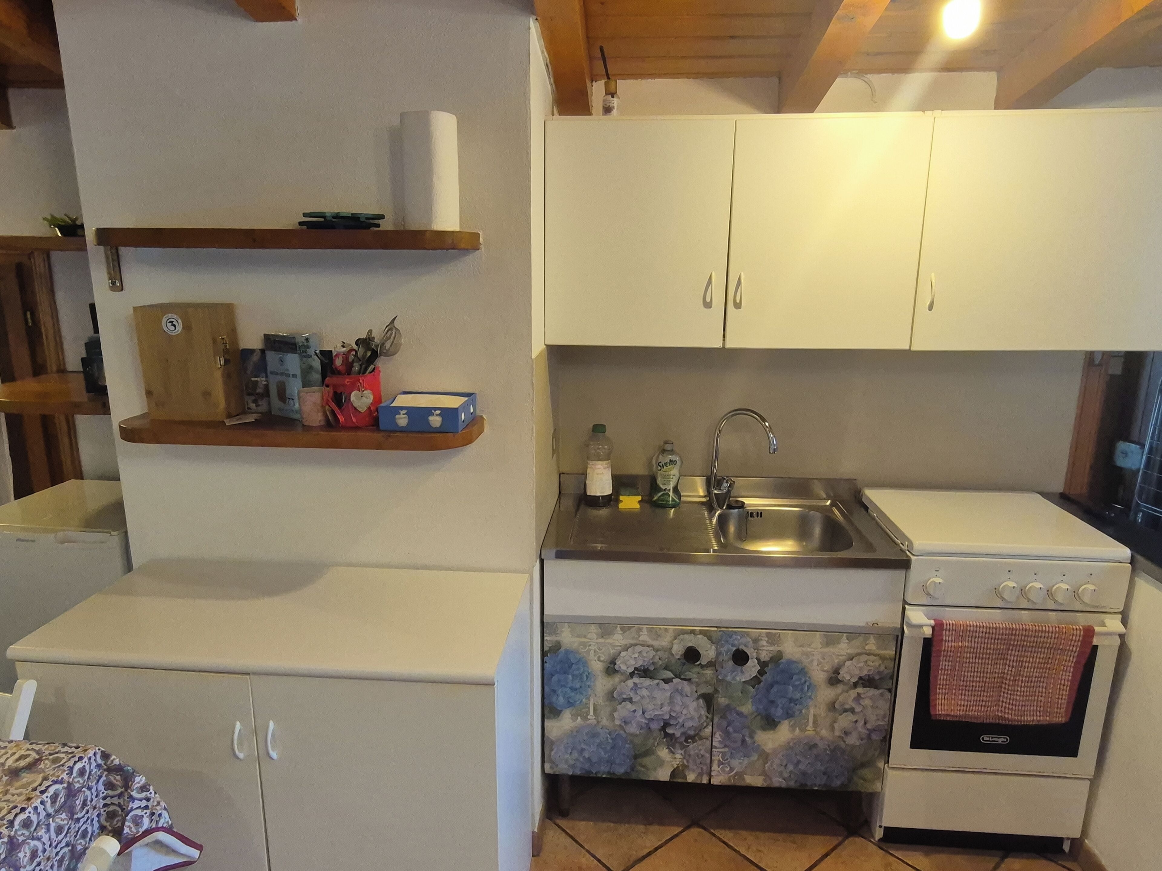 Fridge, stovetop, cookware/dishes/utensils, dining tables