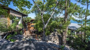 Stroll through lush gardens to a contemporary building with a sloped roof.
