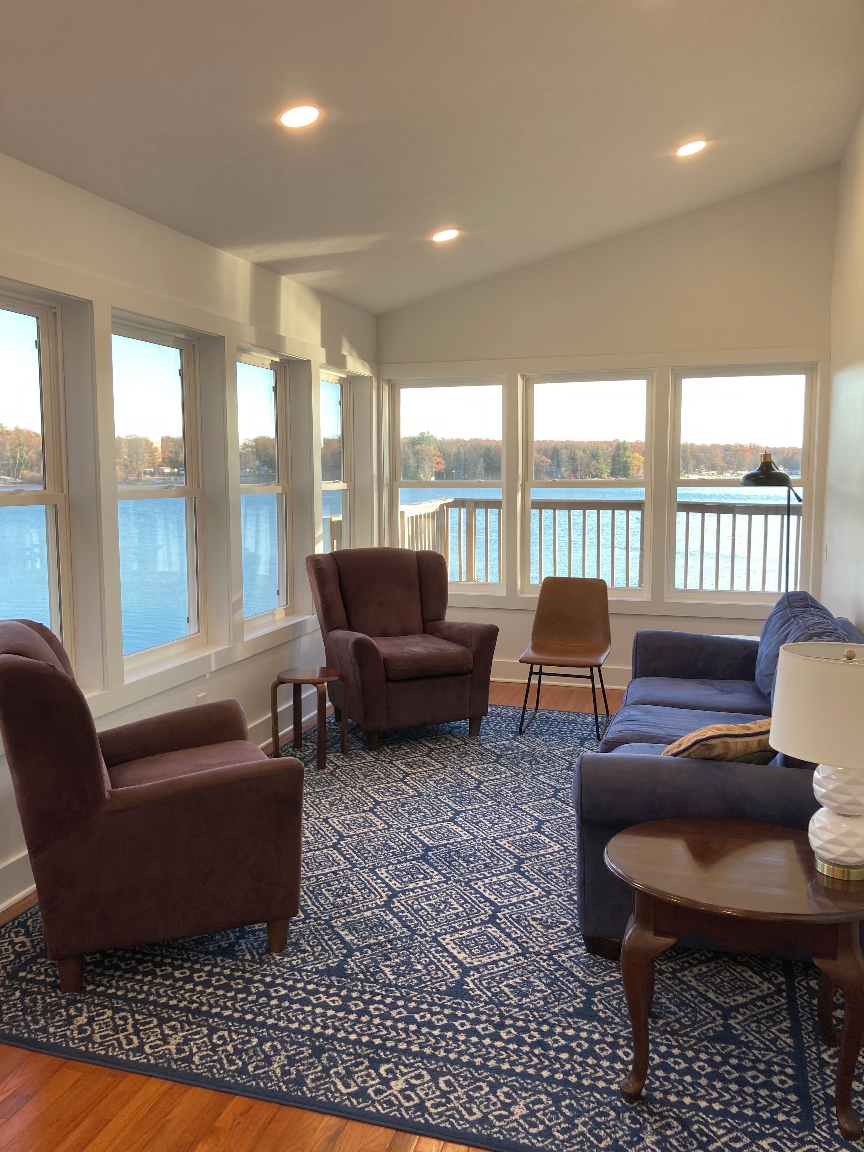 TV, fireplace, books