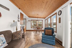 TV, fireplace, books