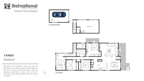 A floor plan of a Yamba Shellcot hotel room with a 3.8 x 5.2m garage, a balcony, a living area, a dining area, a kitchen, a bathroom, and two bedrooms. - Shellcot Yamba (Yamba)