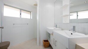 Shower, free toiletries, hair dryer, bathrobes