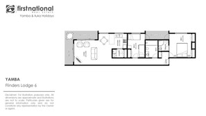 A floor plan of Flinders Lodge 6, including a balcony, living area, kitchen, two bedrooms, a bathroom, and an ensuite bathroom.