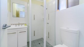 A modern bathroom with a shower, toilet, and sink.