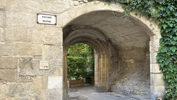 Ein gewölbter Steinweg mit einem Schild, auf dem 'Passage Raspail' steht.
