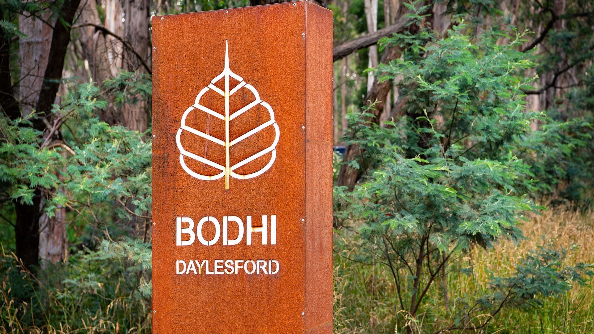 Ein Schild mit einem Blattsymbol und dem Text 'BODHI DAYLESFORD'.