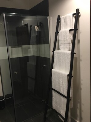 Hair dryer, towels, soap, shampoo