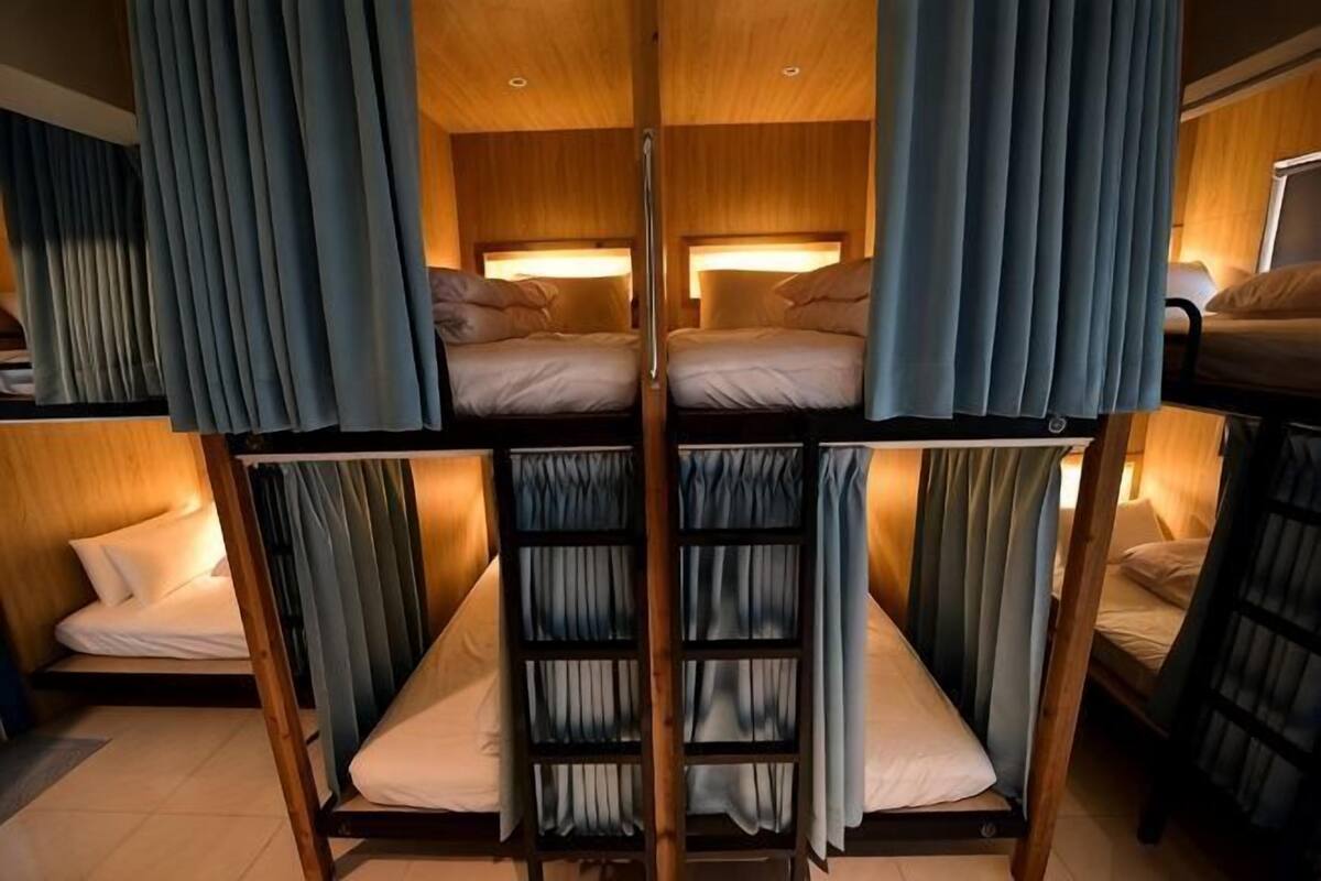 A bunk bed room with curtains, a ladder, and a wooden headboard.