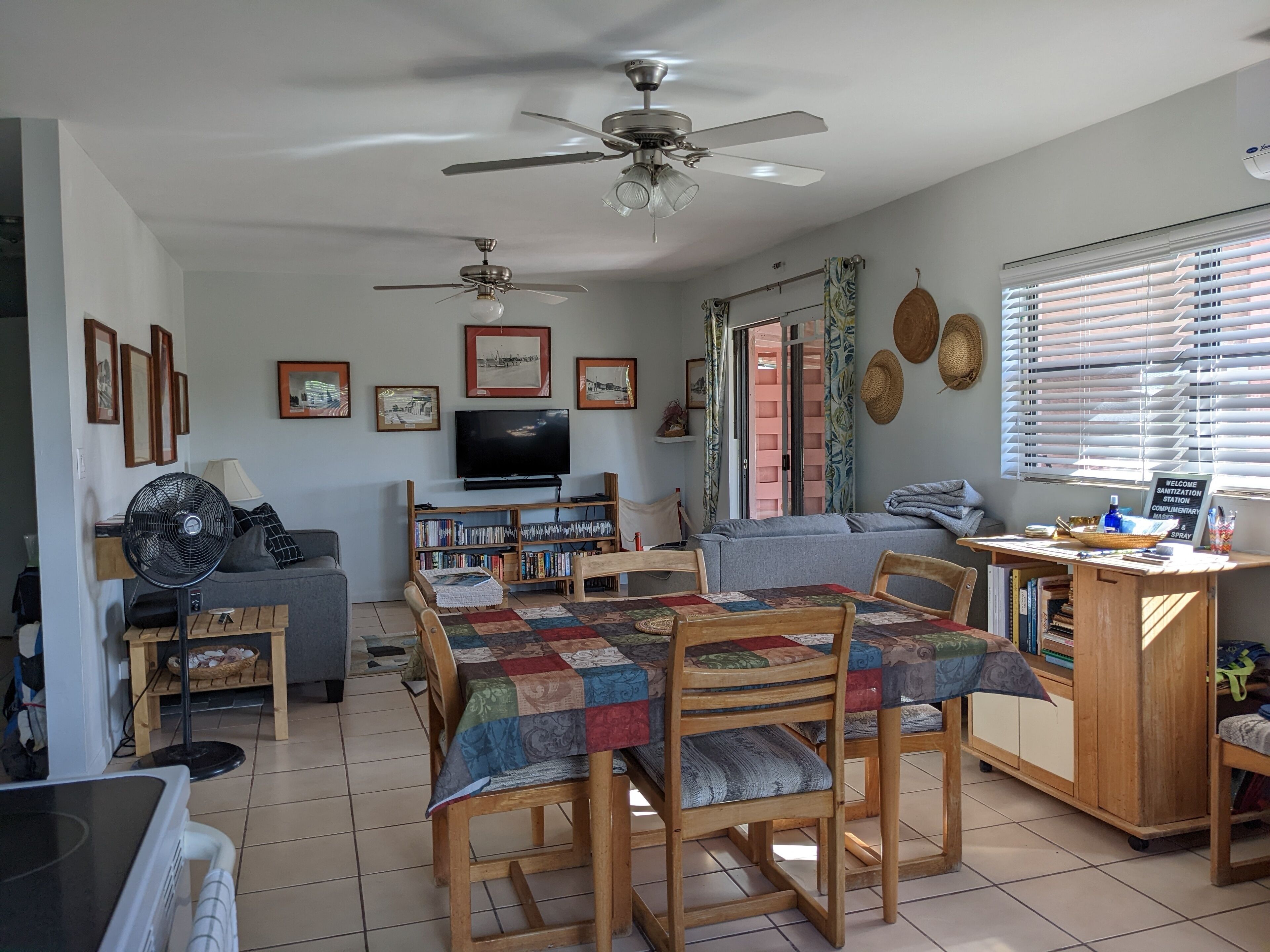 Smart TV, DVD player, books, video library