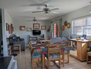 Smart TV, DVD player, books, video library
