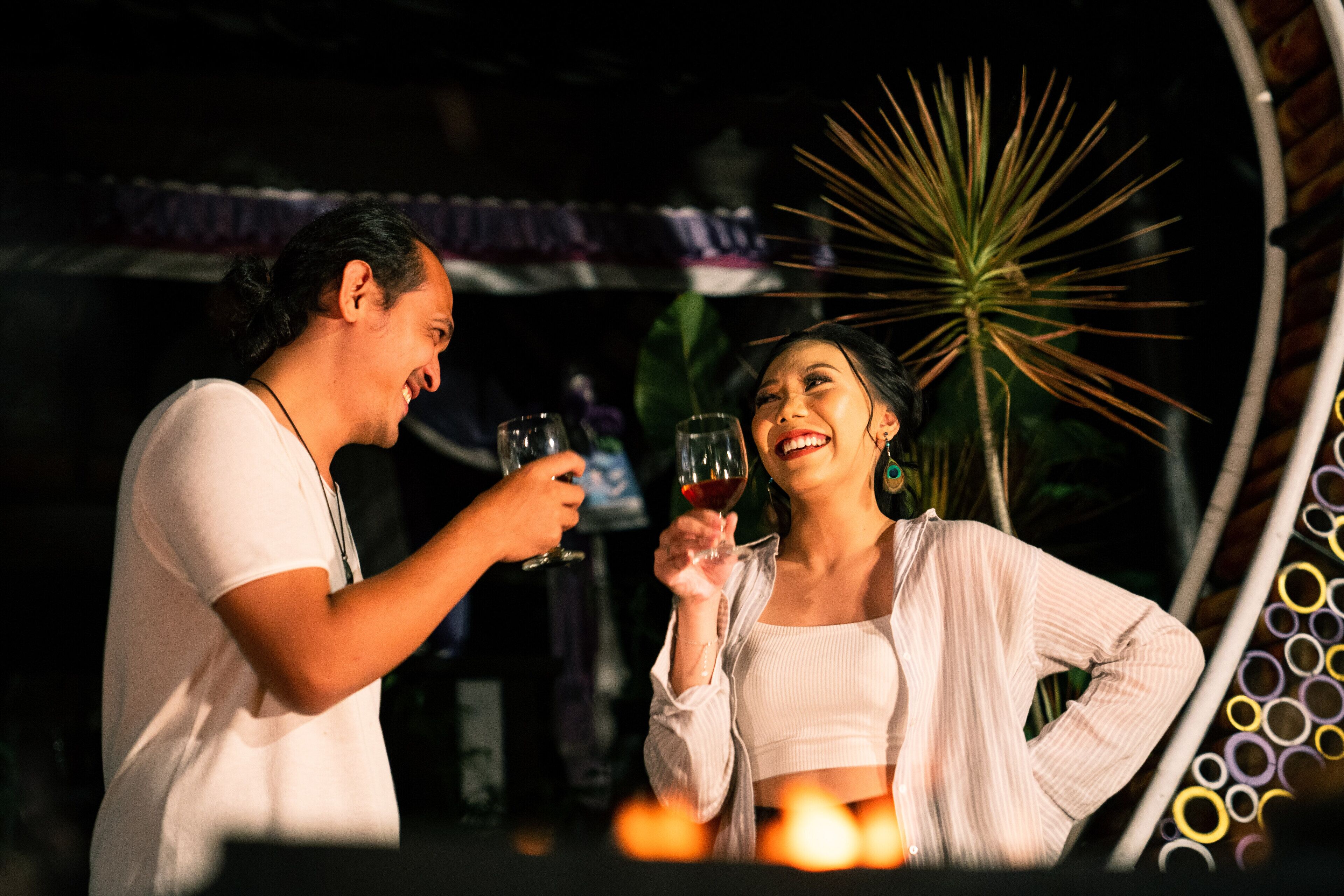 Two people toasting with wine glasses in a dimly lit setting with a decorative plant and a patterned wall in the background.