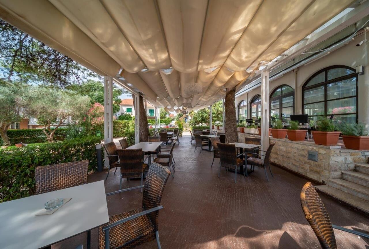 An outdoor patio area with tables and chairs, surrounded by greenery and potted plants.