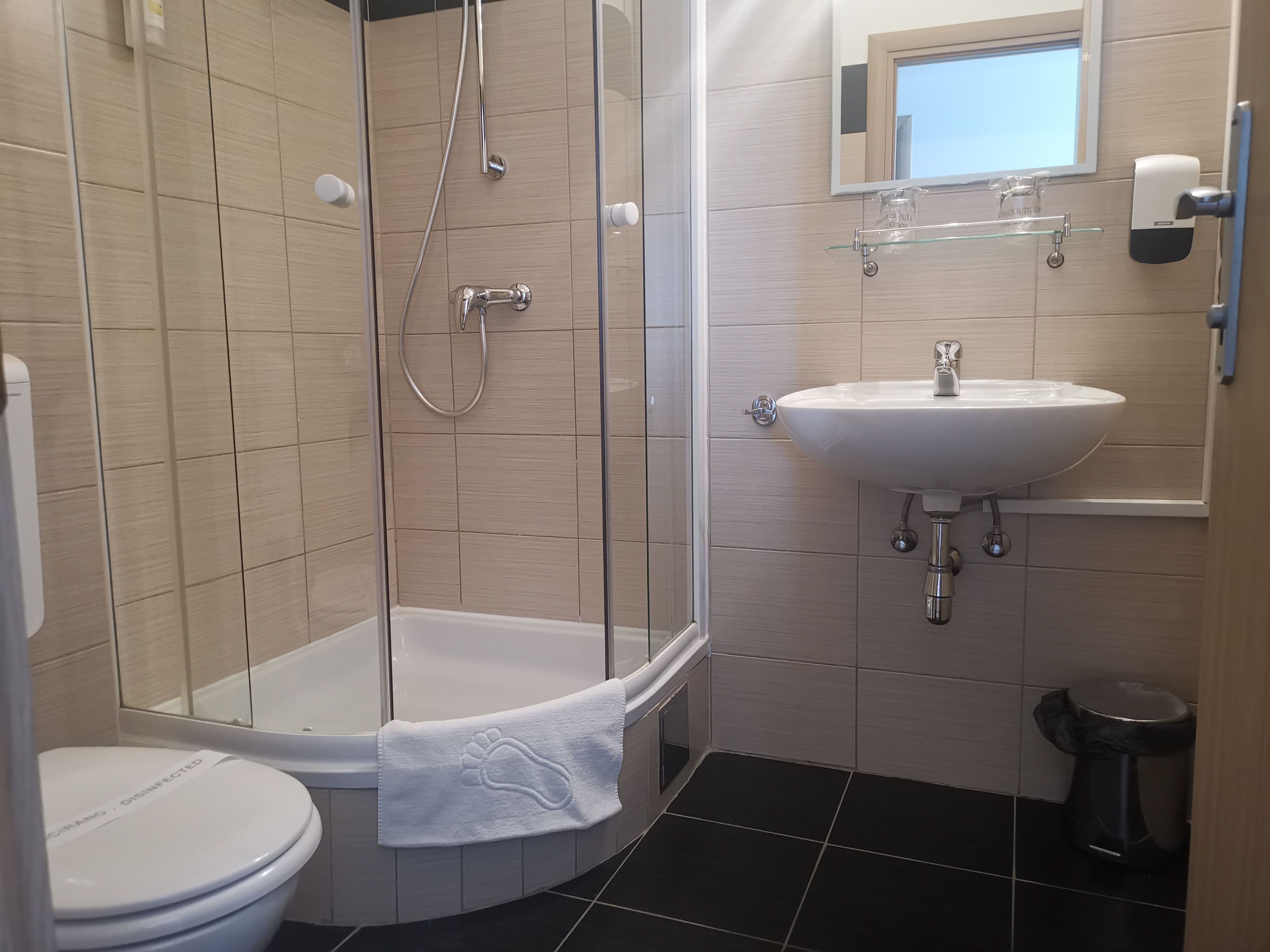 Une salle de bain moderne avec une douche à parois de verre, des toilettes blanches, un lavabo avec un miroir au-dessus et une poubelle.
