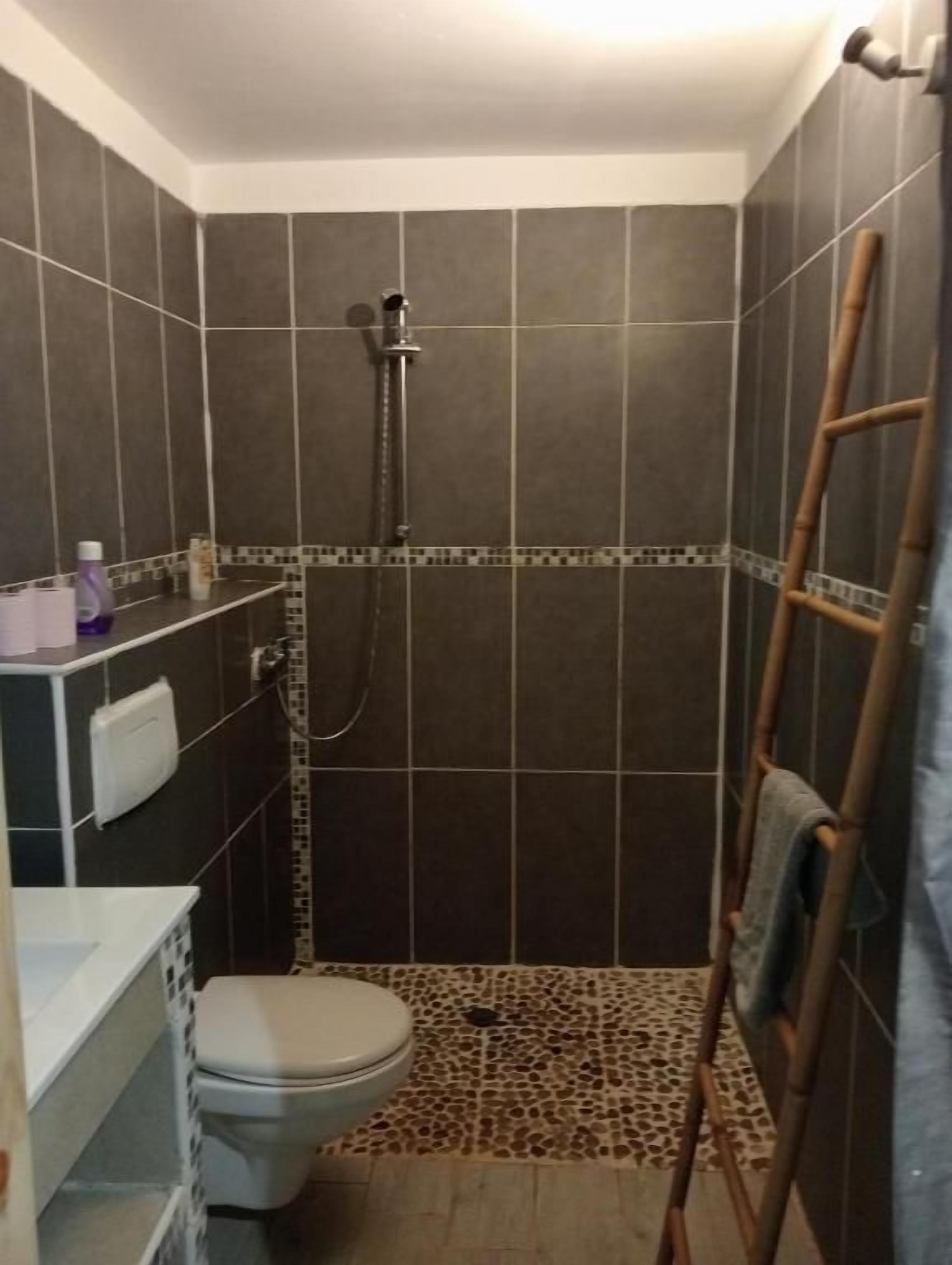 Un baño pequeño con ducha, inodoro y un perchero para toallas.