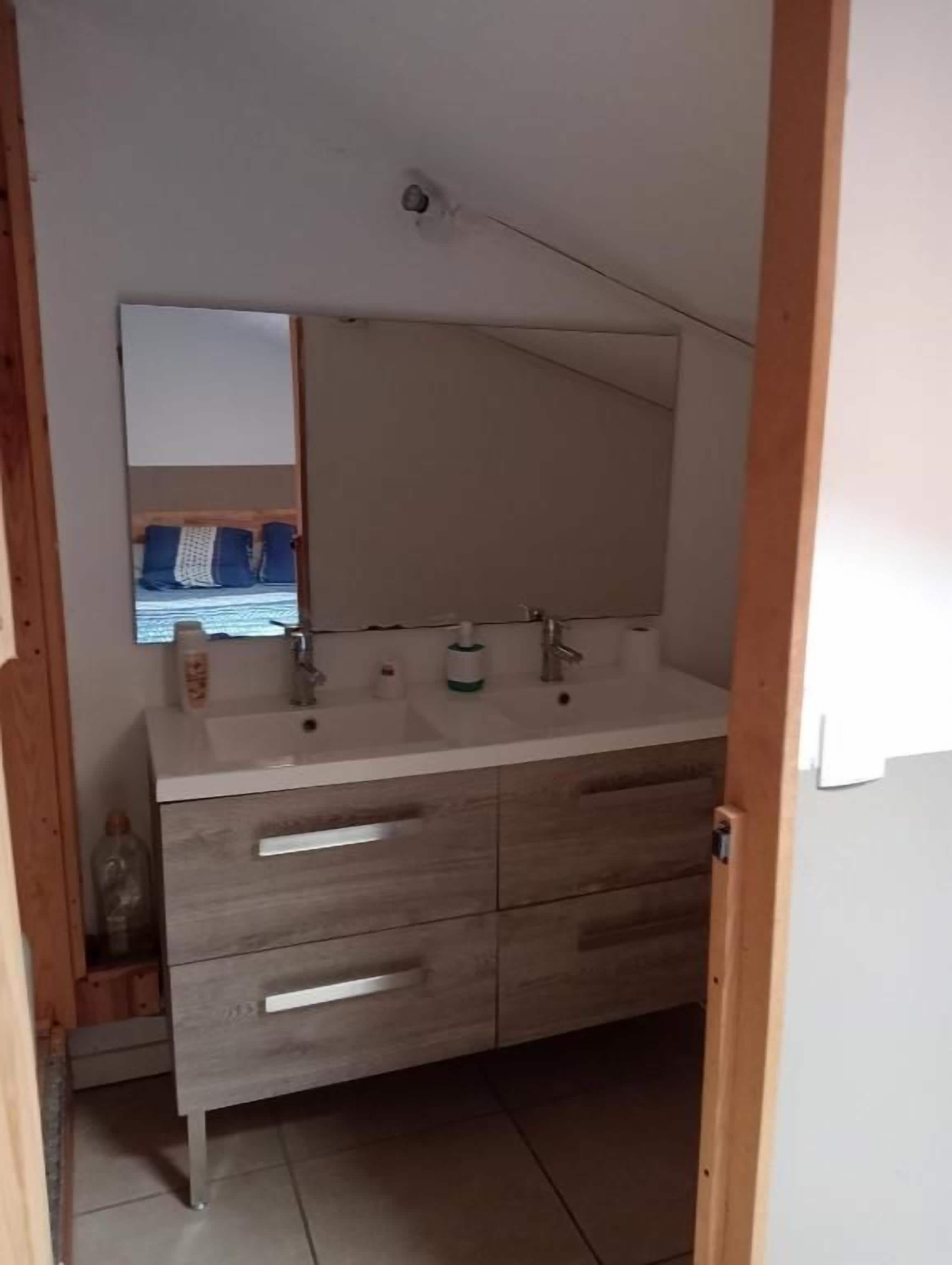A bathroom with a double sink, wooden vanity, and a mirror.