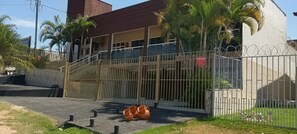 Propriedade murada com cerca de metal, entrada pavimentada e alguns vasos com plantas.