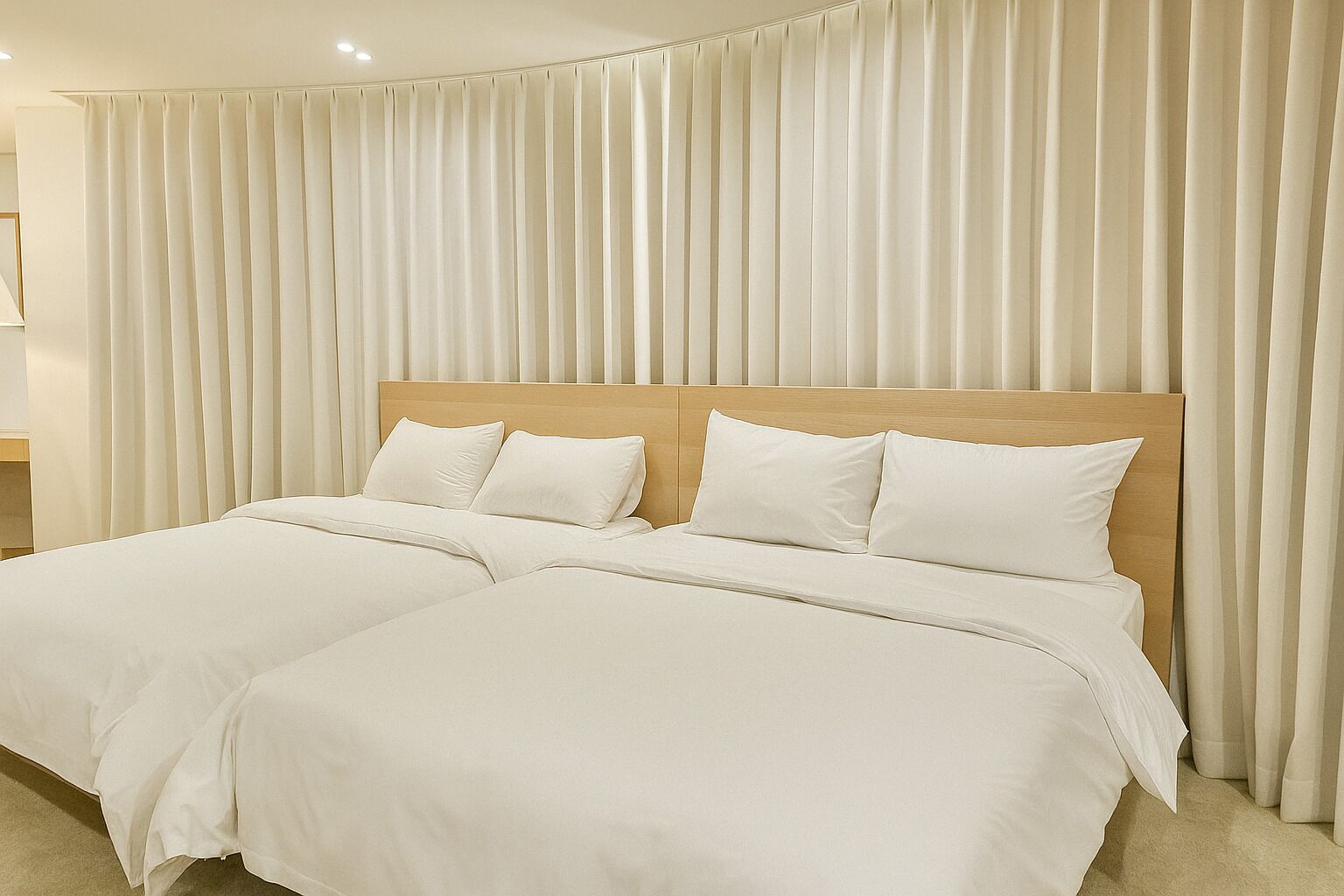 A double bed with a wooden headboard, white bedding, and sheer curtains.