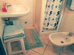 Douche, sèche-cheveux, serviettes fournies, savon