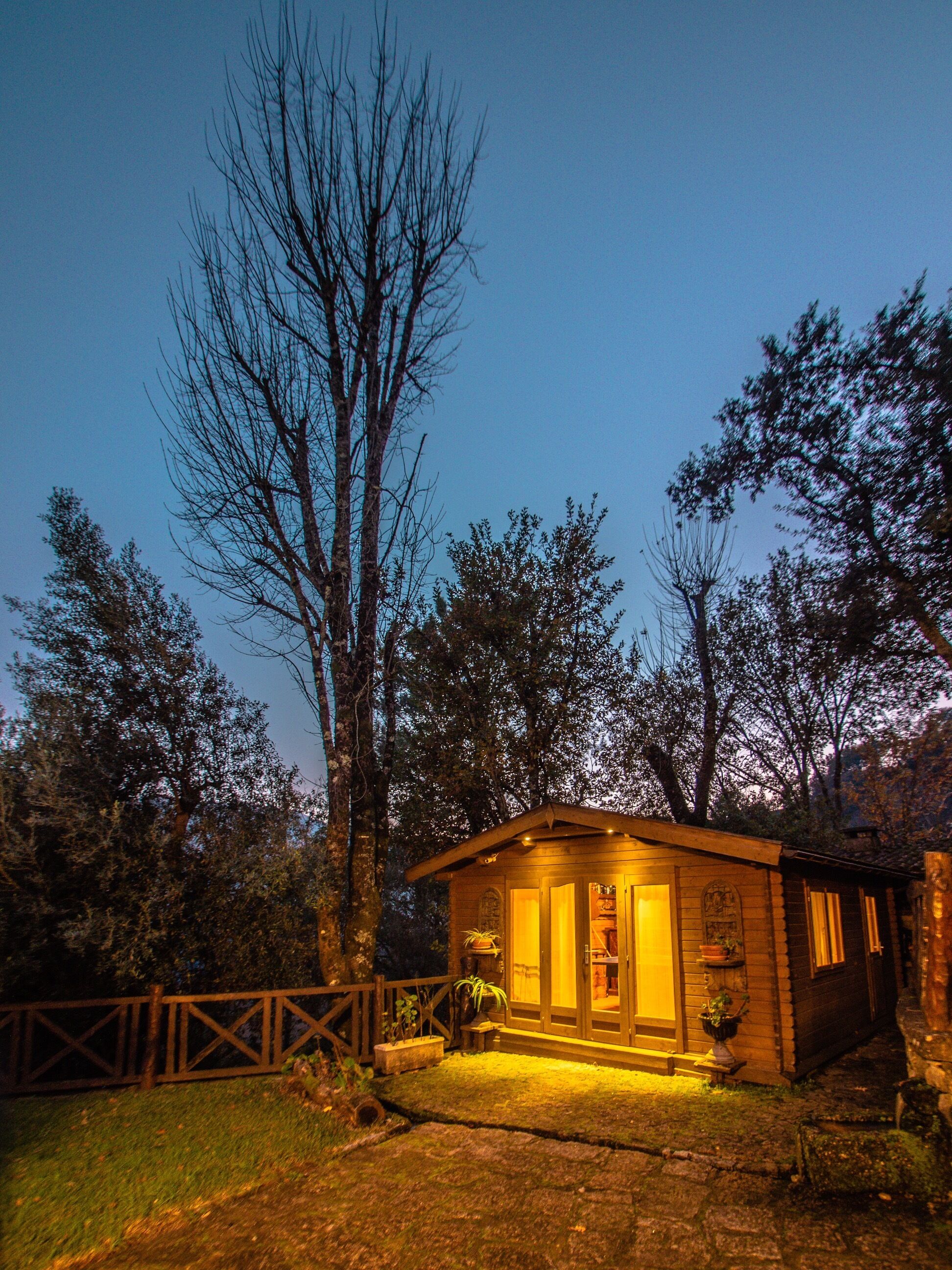 Une petite cabane en bois dotée d’un porche, entourée d’arbres et d’une clôture en bois.