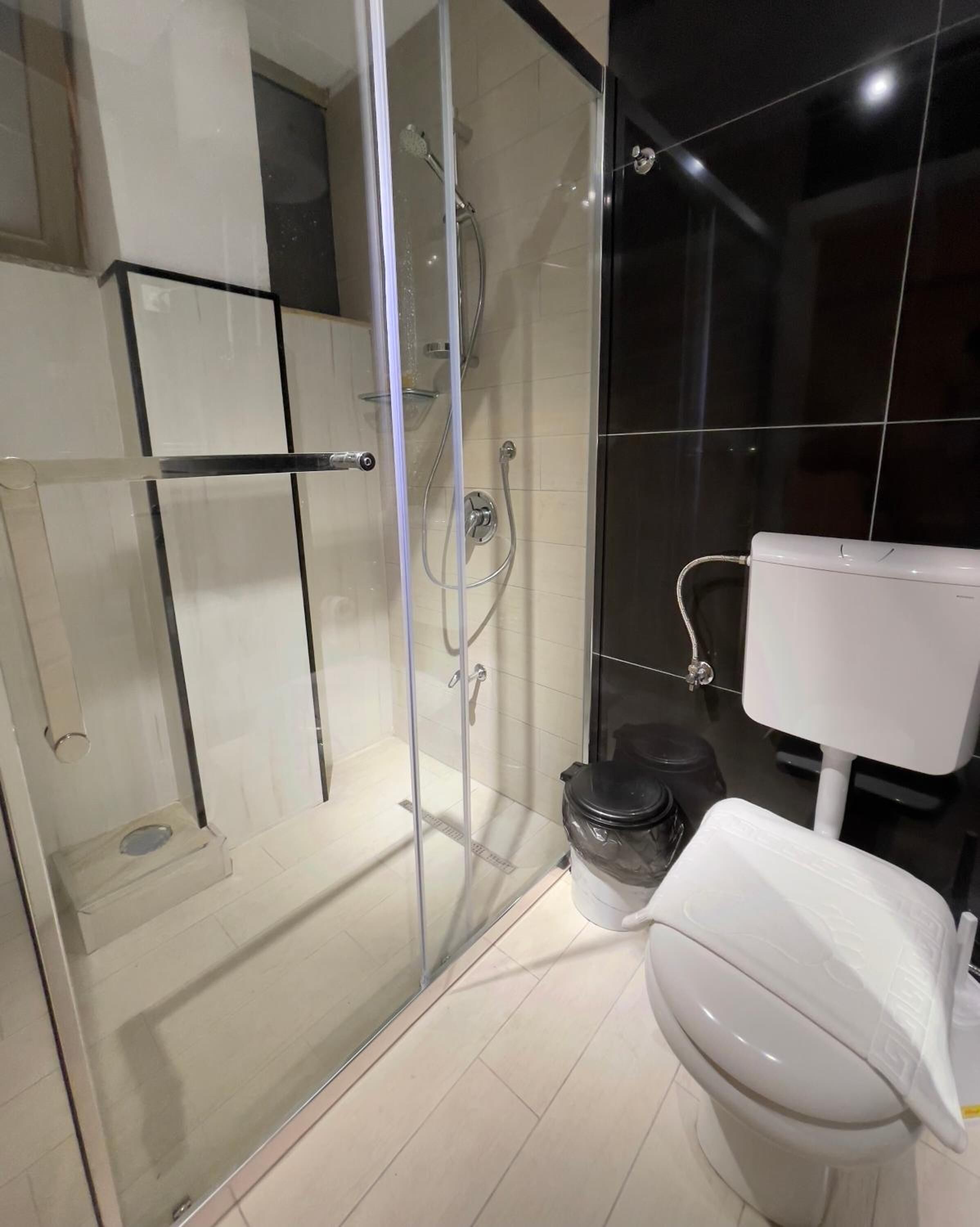 A modern bathroom with a glass-enclosed shower, a toilet, and a white sink.