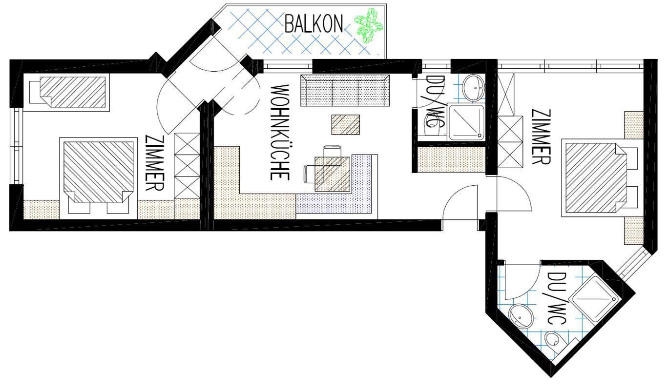 A floor plan with a balcony, living room, kitchen, and separate bathroom areas.