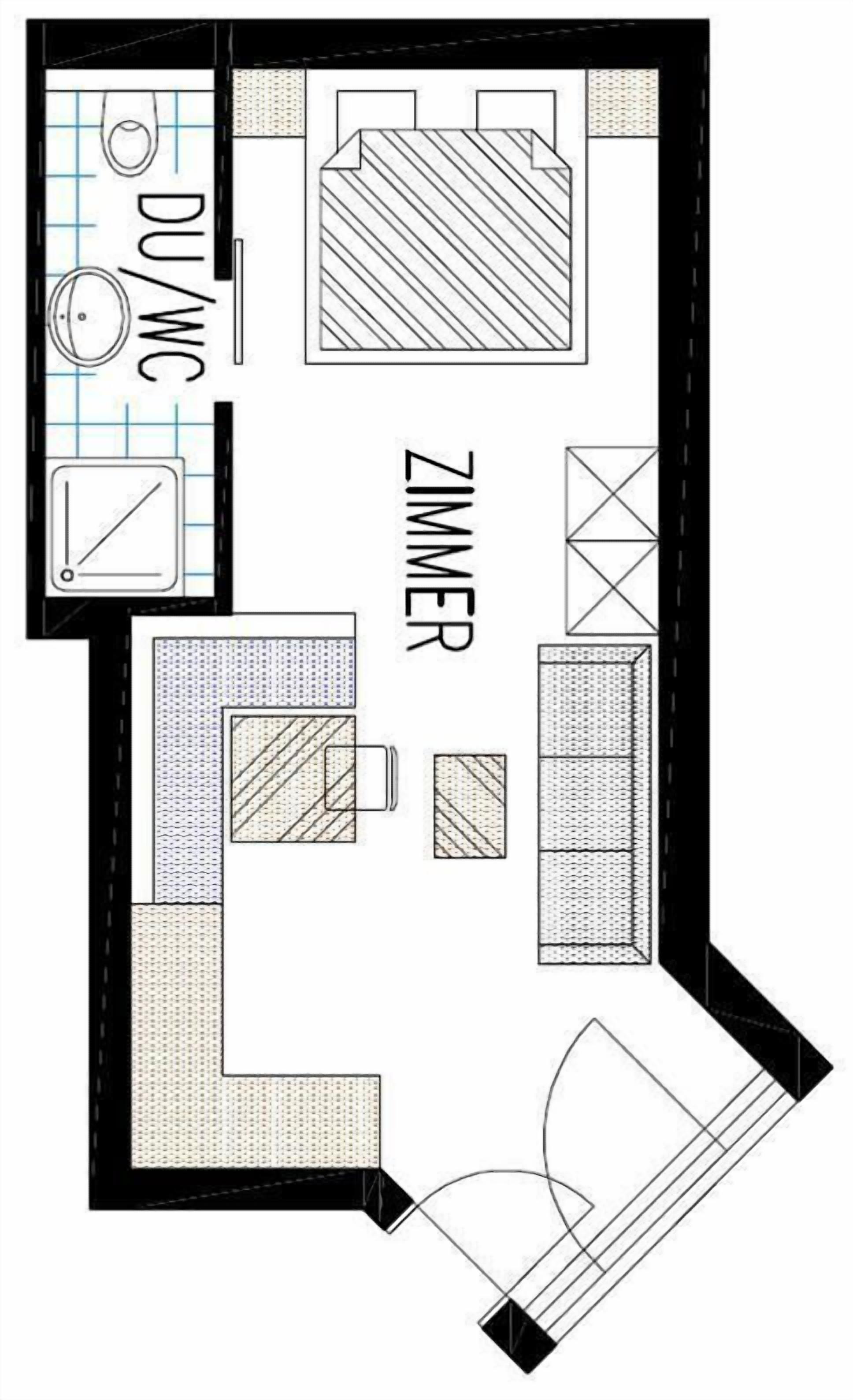 A floor plan of a hotel room with a bathroom, a kitchenette, a living area, and a bedroom.
