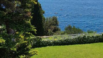 Una piscina con vistas al mar y un cielo despejado.
