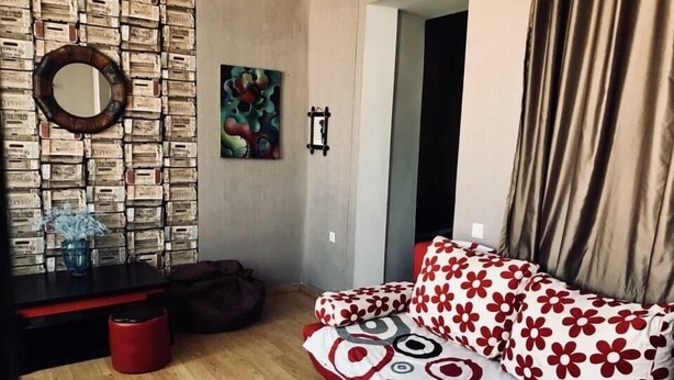 A room with a patterned sofa, a mirror, and a wall decorated with vintage-style boxes. - Apartment on Tsamebuli Ave (Tbilisi)