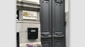 Un buzón negro con el número 113, un cartel que dice "Bin Antwerp" y una jardinera con flores moradas.